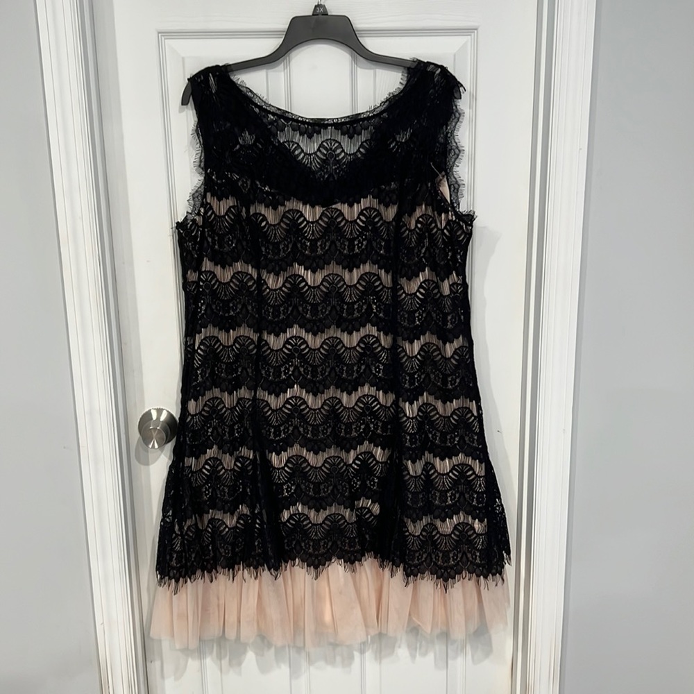 Dress Barn Tea Length Black Lace/Nude Formal Dress